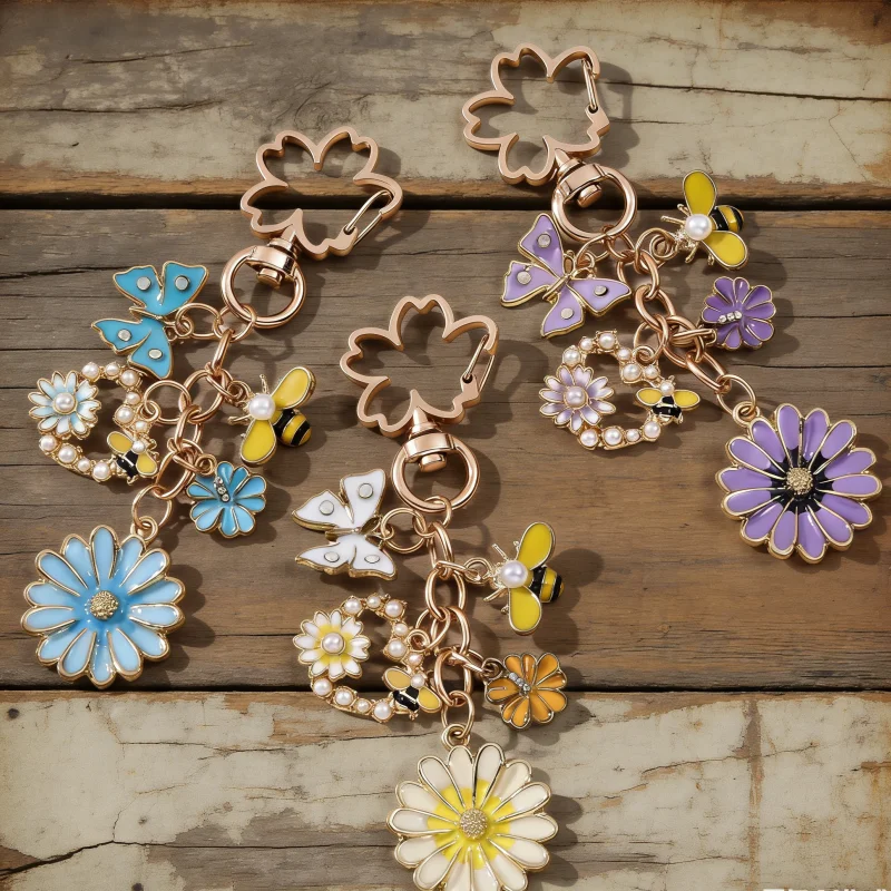 1pc Nette Romantische Bunte Blume Biene Schmetterling Emaille Schlüsselbund Süße Stil Tasche Charme Für Handgemachte DIY Schmuck Souvenir Geschenk