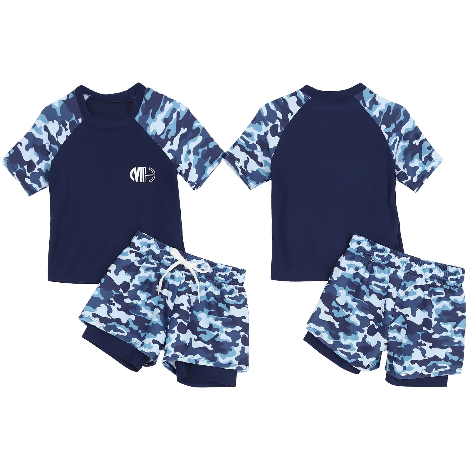 2Pcs Kids Boys Swimsuit Summer Print Short Sleeve Swim Top and Swim Shorts Sets Water Sport Swimwear Rash Guard Bathing Suits