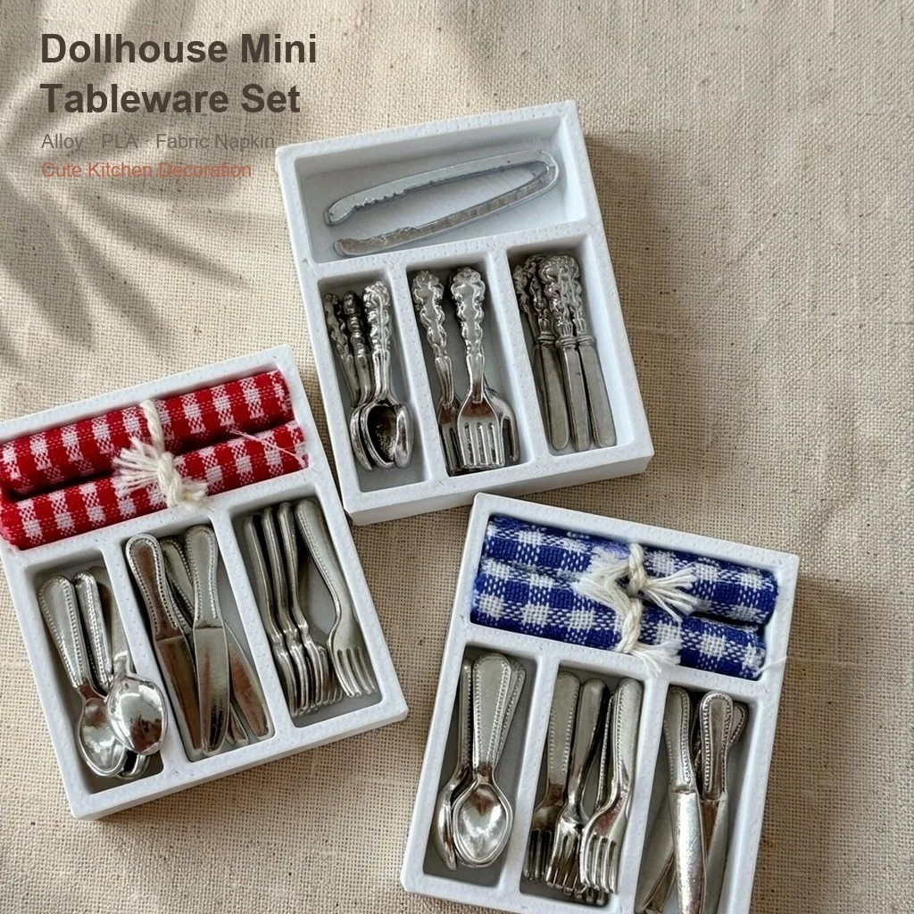 1set Mini Cutlery Organizer Set Knife Fork Spoon Divided Storage Tray Model Miniature Tableware Kitchen Scene Accessories