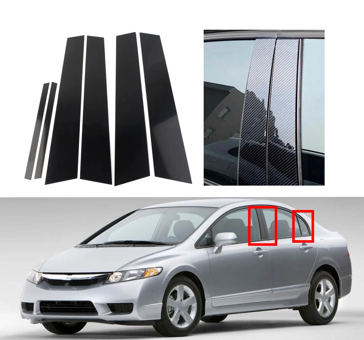 

6Pcs Gloss Black Silver Carbon Pillar Posts For Honda Civic Sedan 2006 2007 -2011 Window Decoration Cover Door Side Trim Sticker