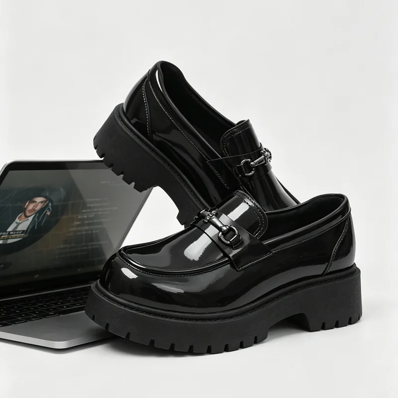 Men Thick Sole Height Increasing Patent Leather Platform Loafers, Shiny Surface Chunky Heel Oversized Toe Casual Leather Shoes