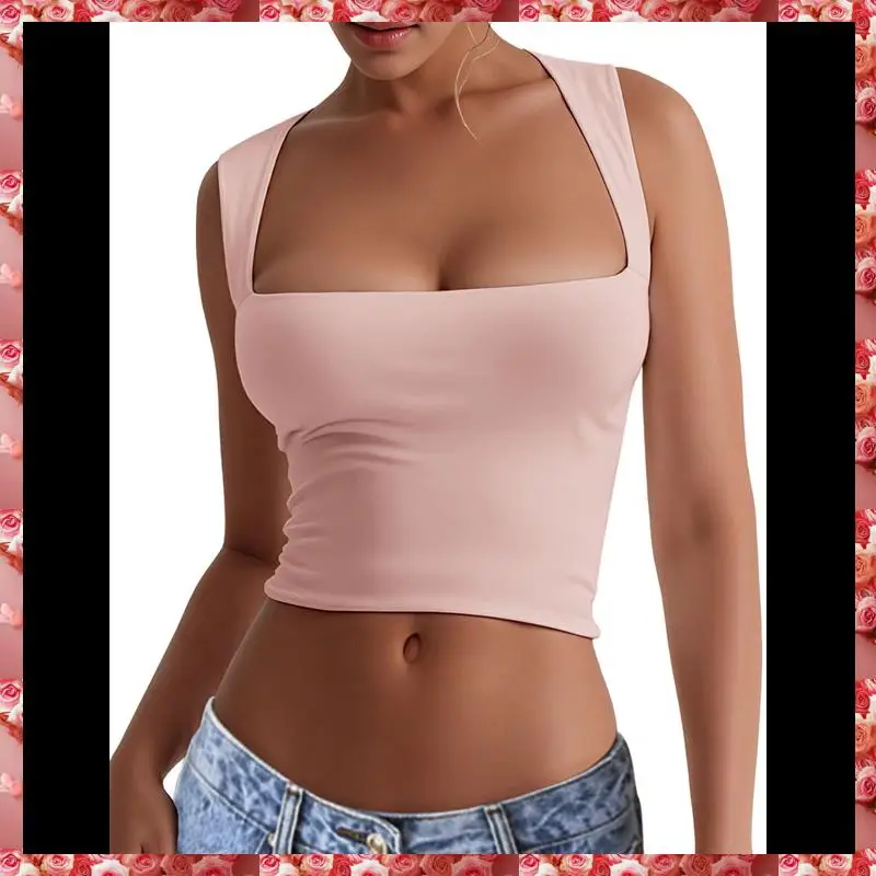 قطع علوية نسائية قصيرة بدون أكمام برقبة مربعة 2025 لطيفة بطبقة مزدوجة بدون خياطة بقصة ضيقة Y2k