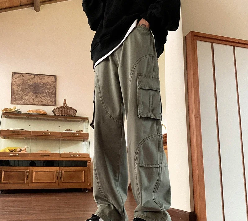 

LIBIELIY брюки-карго с несколькими карманами, мужские весенне-осенние модные однотонные длинные брюки в корейском стиле, винтажные толстые широкие брюки, повседневные St