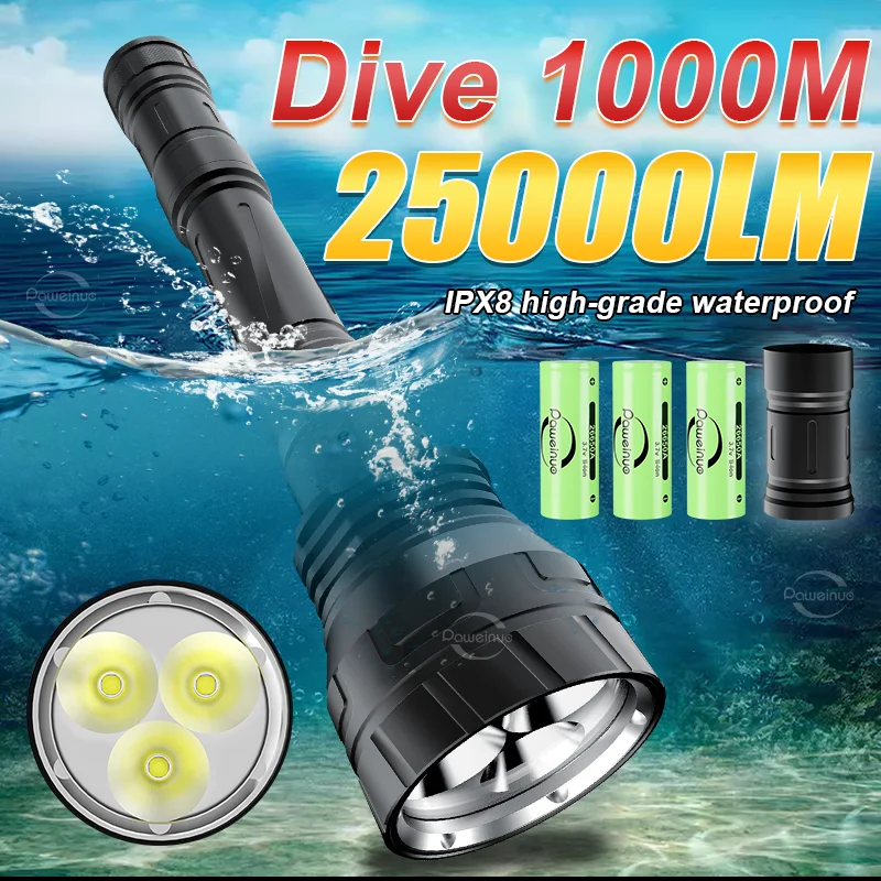 Powerful 3*XHP300 LED Diving Flashlight Super Concentrated Underwater Torch Professional 1000M IP8 Waterproof Diving Flashlights