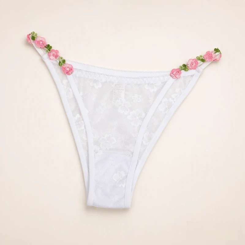 Bestickte Blumenspitze Damenunterwäsche Niedrige Taille Transparente Netz-Slips Romantische Blumendekoration Damen-Slips – Detail 9