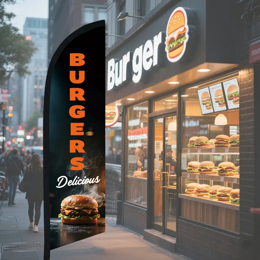 Burgers Feather Flag 1.6x6.6FT Polyester Banner for Fast Food Restaurant Outdoor Advertising