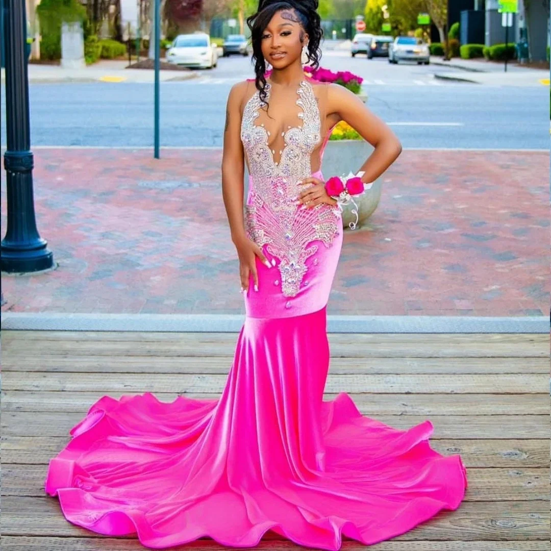 Fuchsia Luxury African American Long Prom Dresses For Black Girls Mermaid Beaded Crystals Women Party Evening Gown Customized