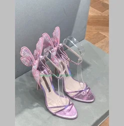 Lady pink 3D butterfly wing design sandals open toe wings embellished buckle strap design elegant party high heels size 35-43