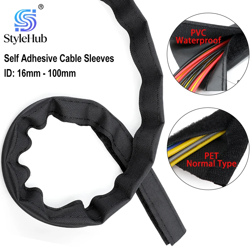 Self Adhesive Hook Loop Cable Sleeve 16mm - 100mm PET / PVC Waterproof Cable Harness Organizer Line Wrap Protector Sheath Case