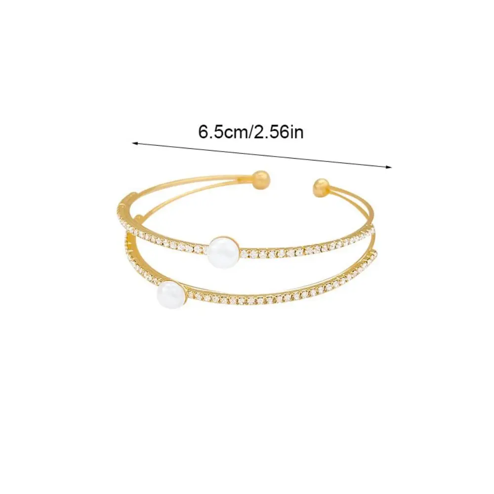 Simple Pearl Opening Bangles Double-layer Bridal Jewelry Rhinestone Bracelet Hand Ring Wrist Ornament Wedding Prom