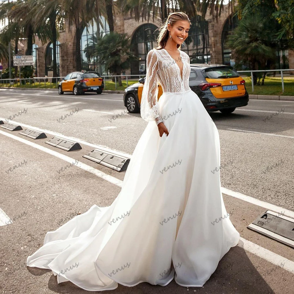 

Vintage Wedding Dresses Modern Bridal Gowns Long Puff Sleeves Robes Sequin Appliques Deep V-Neck Pretty Vestidos De Novia 2025