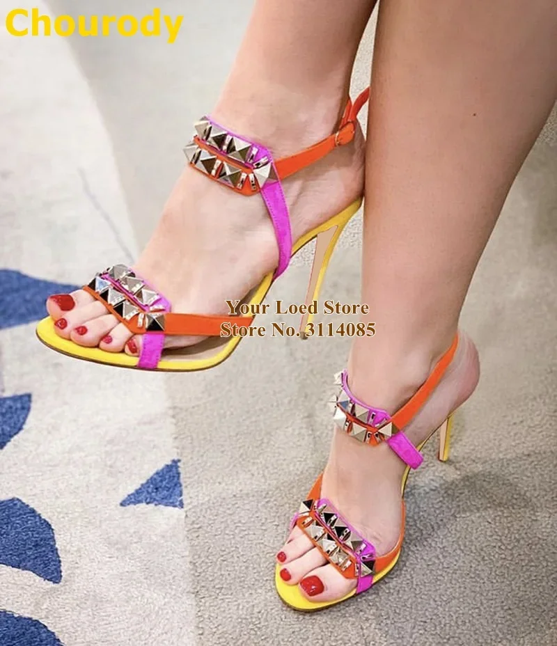 Choudory Yellow Heels Gold Pyramid Studded Sandals Orange Pink Suede Multicolor Strappy Dress Shoes Metal Embellished Shoes