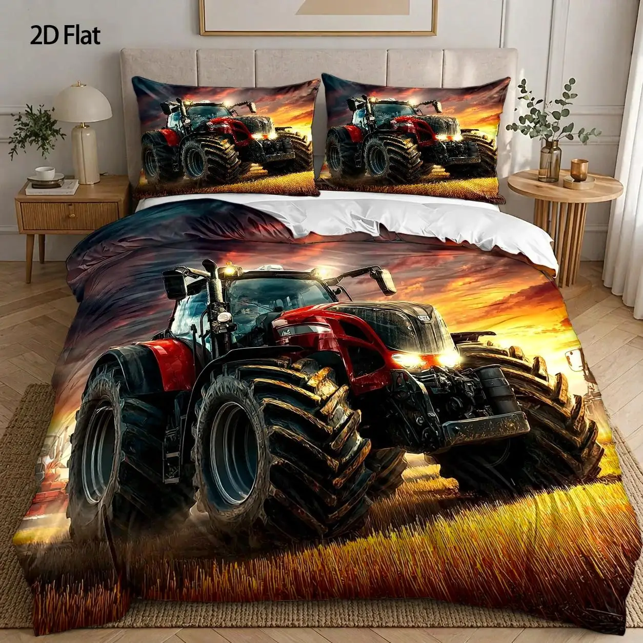 3-Piece Quilt Cover Set, 1 Quilt Cover + 2 Pillowcases (Without Filling), Tractor Driving, Realistic Style, Agricultural Festival, Farm Tools, Field Work, Suitable for All Seasons, Machine Washable, Multi-Purpose, Home, Dormitory, Master Bedroom, Guest Room, for Use on the Bed