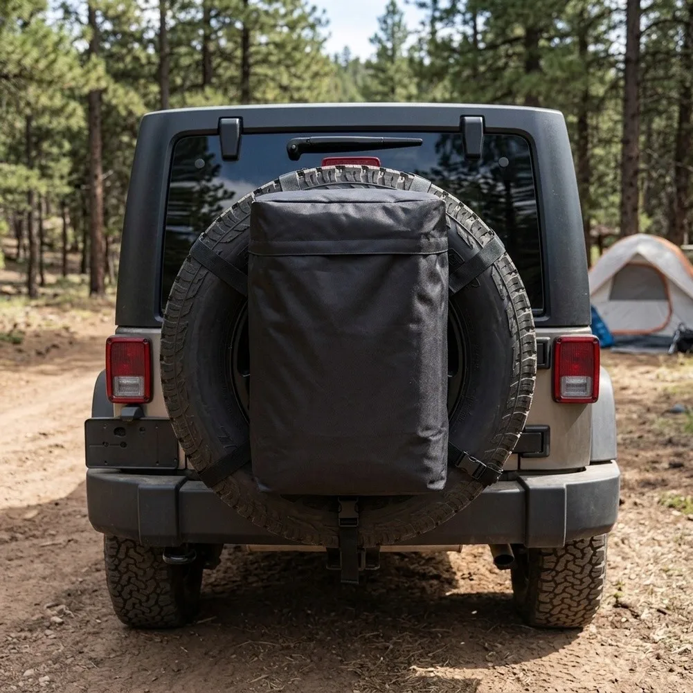 Mountable Hanging Bag for SUV Spare Tire with Oxford Cloth Build External Mesh Pocket and Adjustable Buckle Securing System