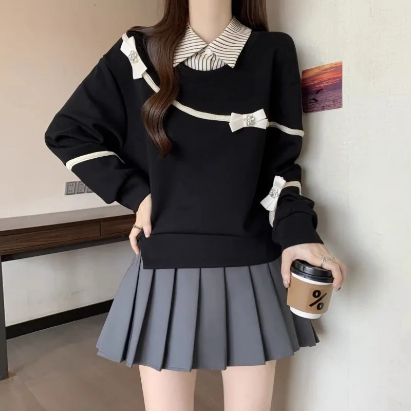 レディース スウェットシャツ ストライプ 韓国風 リボン付き コットン カジュアル ノベルティ Y2K ヴィンテージ 90年代風 フェイクツーピース風 女性用プルオーバートップス