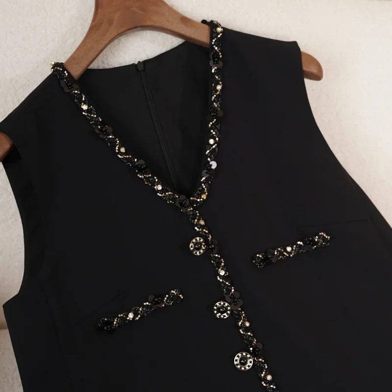 

Black Luxury Sleeveless Small Fragrance Dress Women Drape V-neck Sequins Nail Drill Elegant Party Fashion French Lady Vest Dress