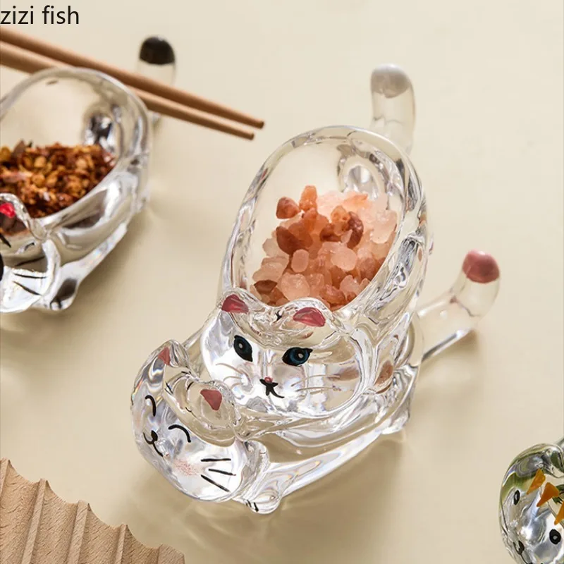 Cat Crystal Glass Seasoning Dish Dipping Saucer Sauce Dishes Chopstick Holder Soy Sauce Vinegar Dish Spice Dishes Spice Bowl