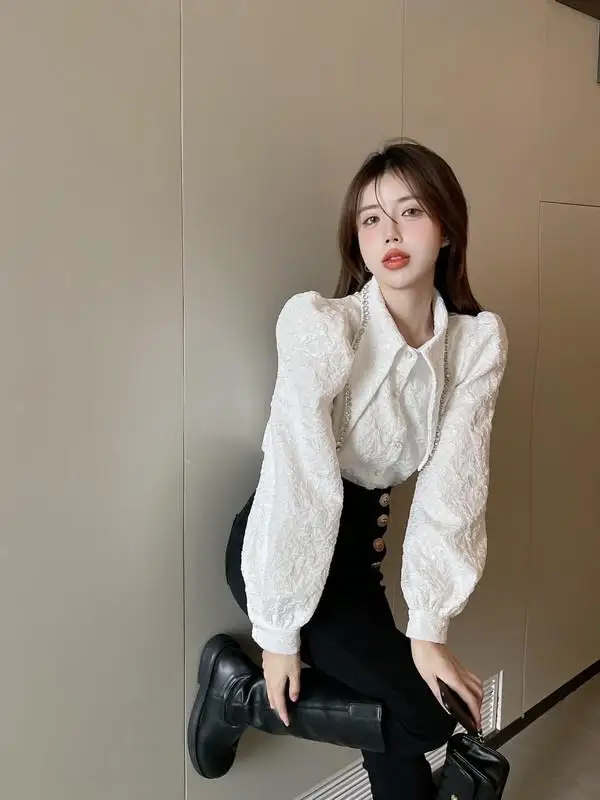 

Elegant White Blouse 2025 Early Fall French Style Bubble Sleeve Women's Top Casual Chic Shirt