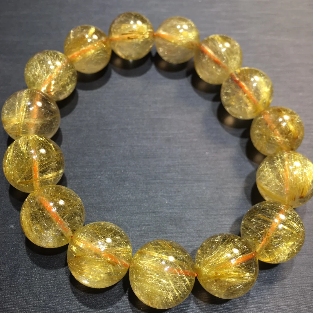 

14mm Natural Gold Rutilated Quartz Bracelet Jewelry For Women Man Brazil Healing Crystal Gift Round Beads Stone Strands AAAAA