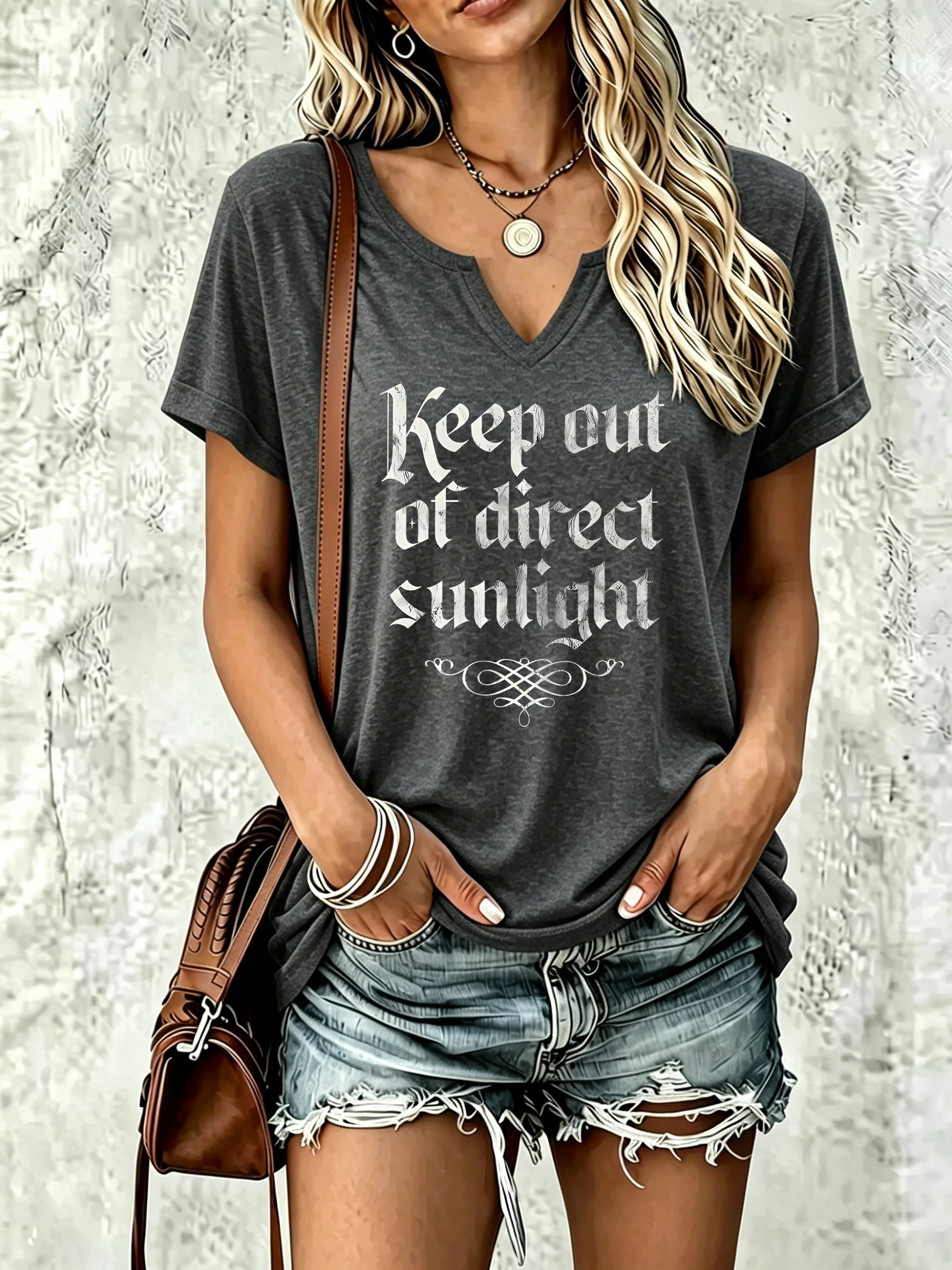Women Notched V‑Neck Short Sleeve T‑Shirt, Vintage Gothic English Letter Print Fashion Casual Daily Wear Ladies Top