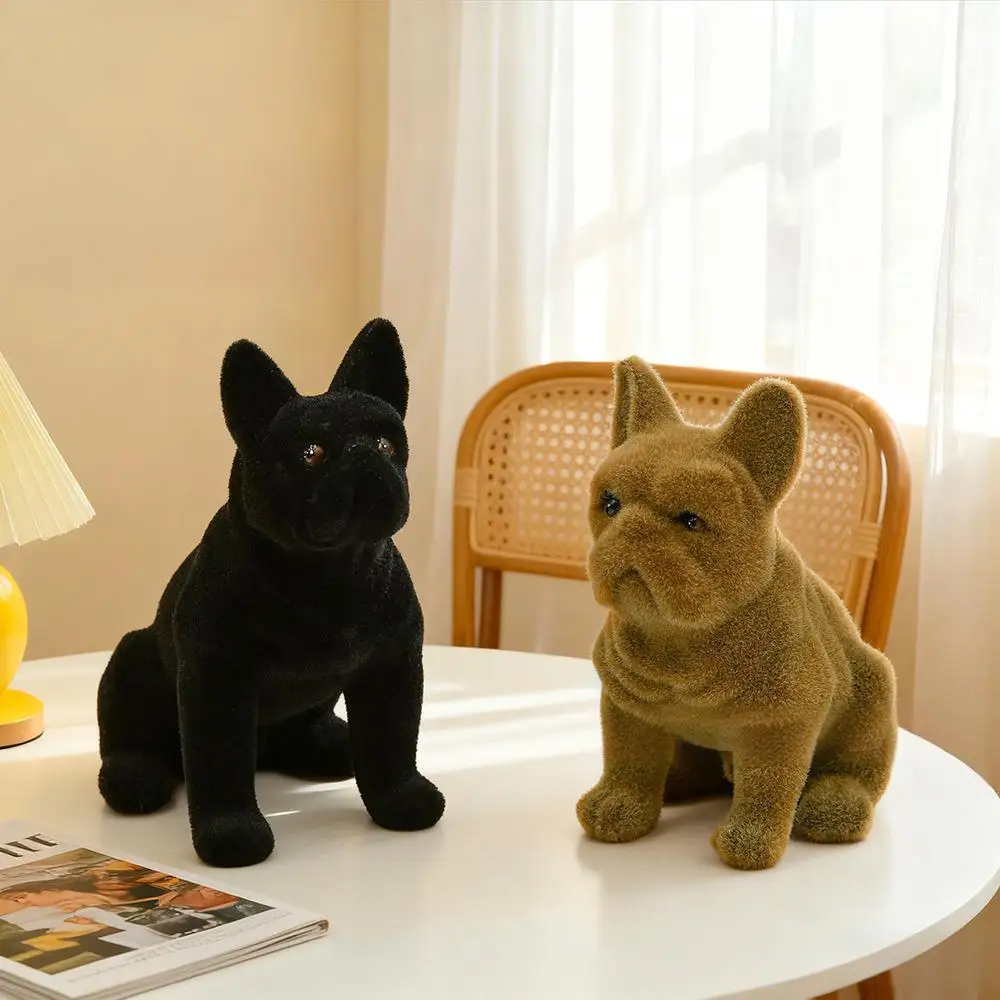 Flocked Simulation French Bulldog Figurine  Cute Resin Bulldog Statue Home Decoration for Living Room Desktop Craft Ornament