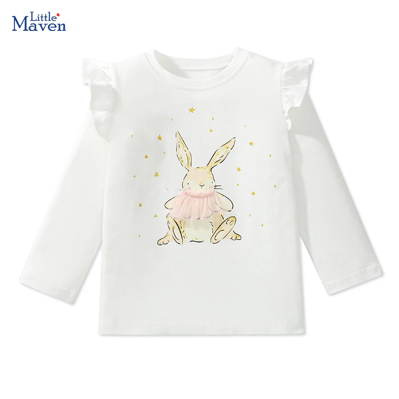 Little Maven Kids Clothes Baby Girls 2024 Autumn Spring Tops Children's Clothing Embroidery Cartoon Rabbits T-shirts Cotton