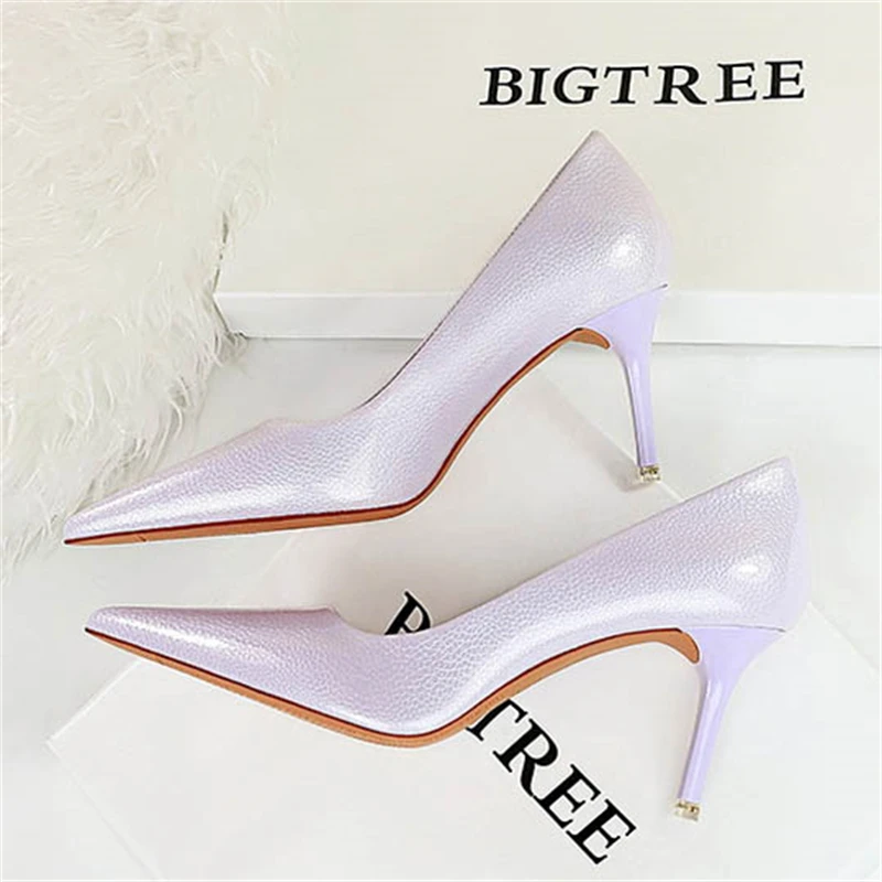 BIGTREE Elegant Simple Woman Heels Slim Heels High Heels Shallow Mouth Pointed Crystal Patent Leather Single Shoes  Women Shoes