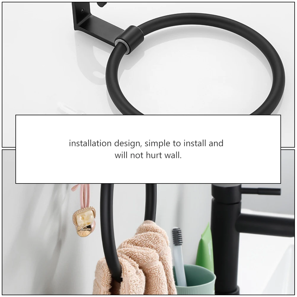 

1Pcs Aluminum Towel Ring Black Thick Solid Round Bathroom Supply No Punch Installation Waterproof Wall Mounted Towel Hook Holder