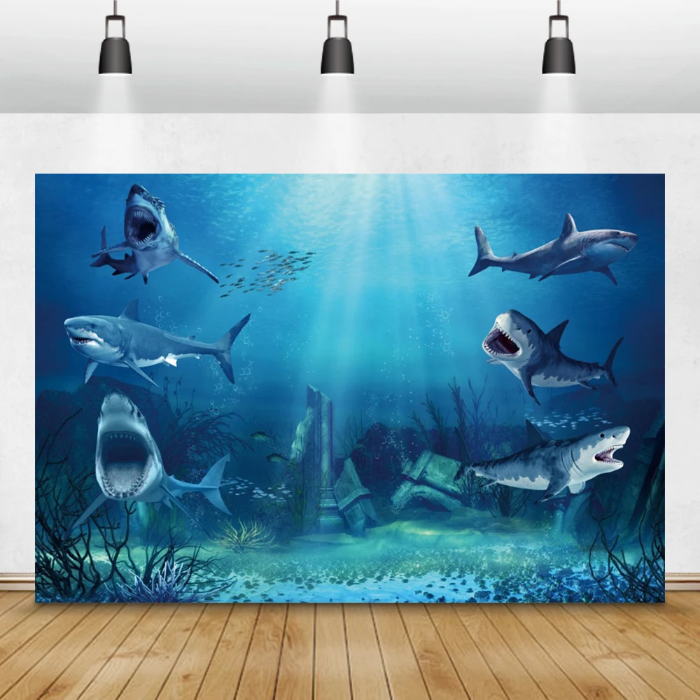 

Laeacco Deep Seabed Shark Photography Background Aquarium Decor Children Theme Party Coral Fish Pattern Photocall Backdrop Prop