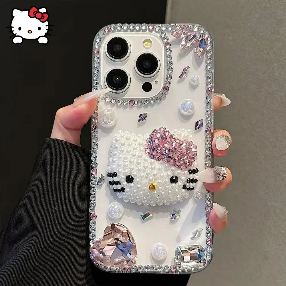 Kawaii DIY Phone Case Sanrio Hello Kitty Suitable for IPhone 15 1413 16 ProMax Y2k Flash Diamond All Inclusive Transparent Cases