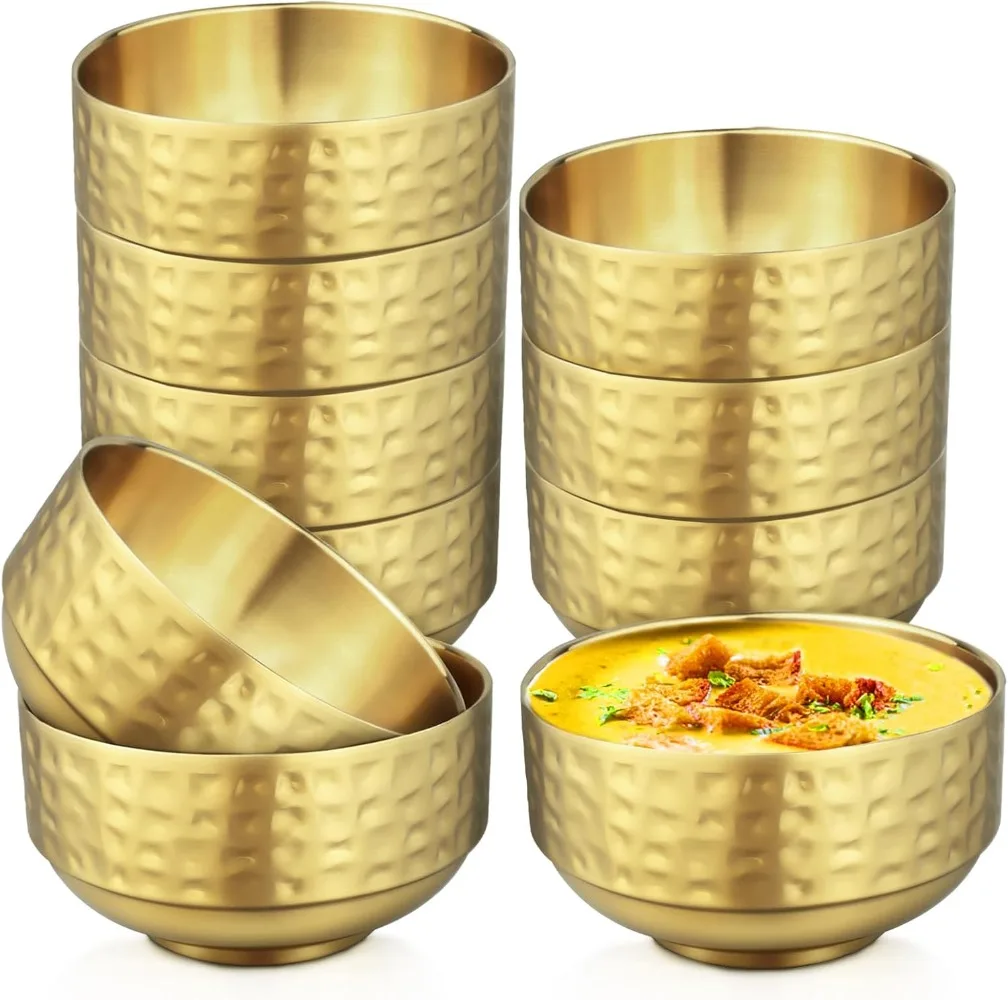 

10 Pcs Gold Stainless Steel Bowls Small, 13Oz Double Walled Soup Bowls,Thick Non Slip Appetizer Snack,Small Metal Serving