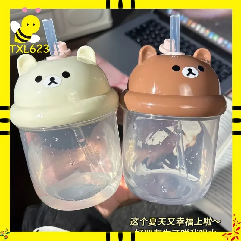 

Стакан Rilakkuma с трубочкой 450 мл, портативная бутылка для воды, с наклейками DIY, для студентов, летняя, большой емкости, противоударная, из PPSU, для молока и кофе, милый подарок