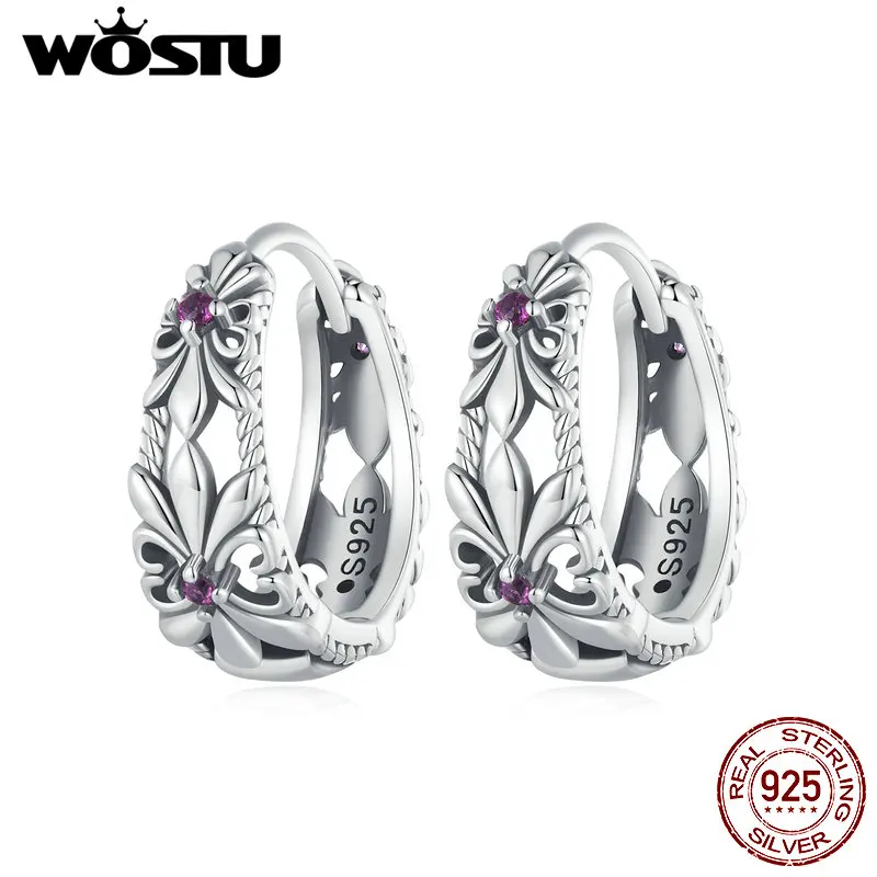 WOSTU Vintage Iris Flower Big Hoop Earrings Women 925 sterling Silver Retro CZ Drop Earring Pendiente Wedding Jewelry Accesorios