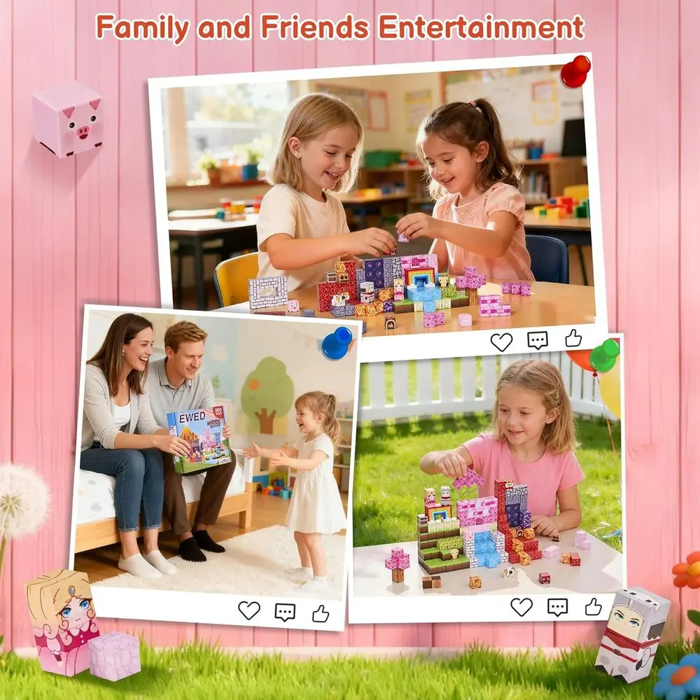 Blocos de construção de haste magnética rosa floresta de 200 peças para crianças de 3 a 12 anos, ideais para crianças e presentes de aniversário