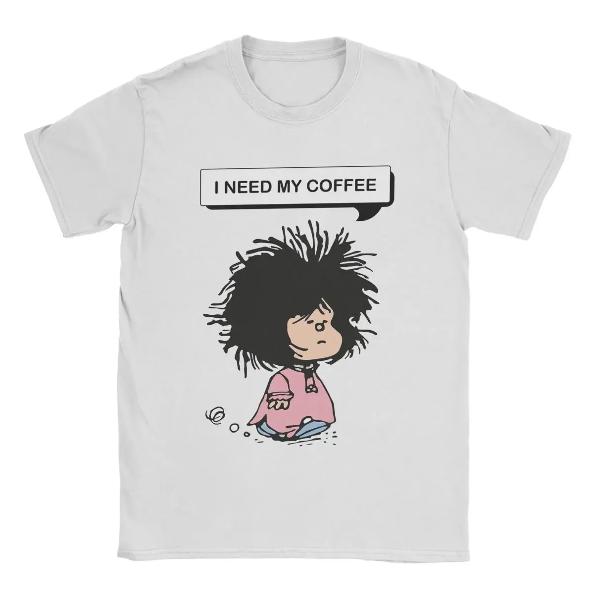 Novelty Mafalda That Needs Coffee T-Shirt Men Round Collar Cotton T Shirt Short Sleeve Tee Shirt Classic Clothing