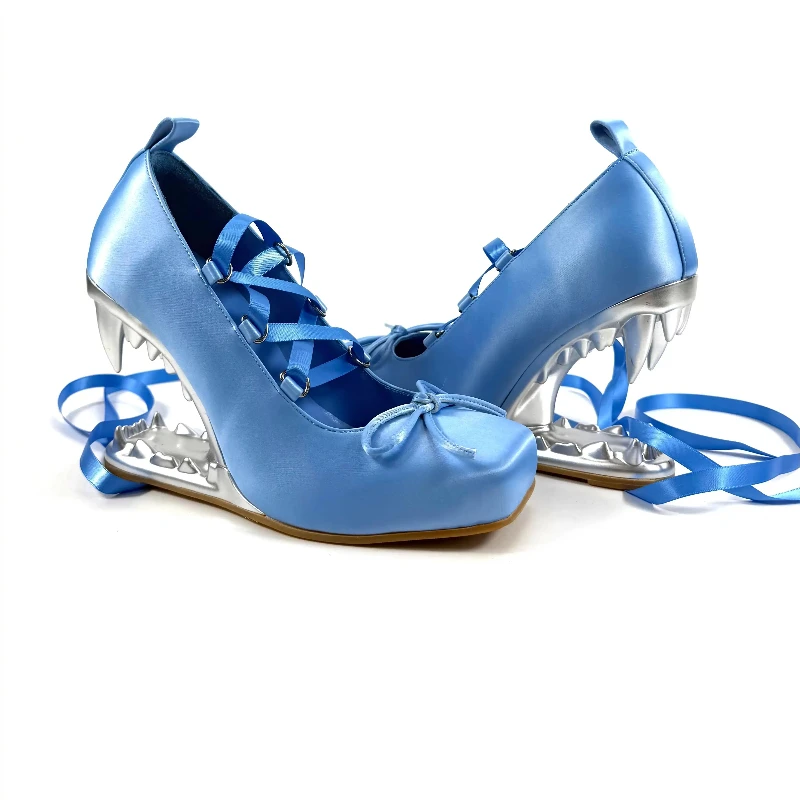 2026 New Y2K Gothic Lolita Satin Pumps, Square Toe Lace‑Up Bow Design, Fangs‑Shaped Special High Heels, Spicy Girl Blue Shoes