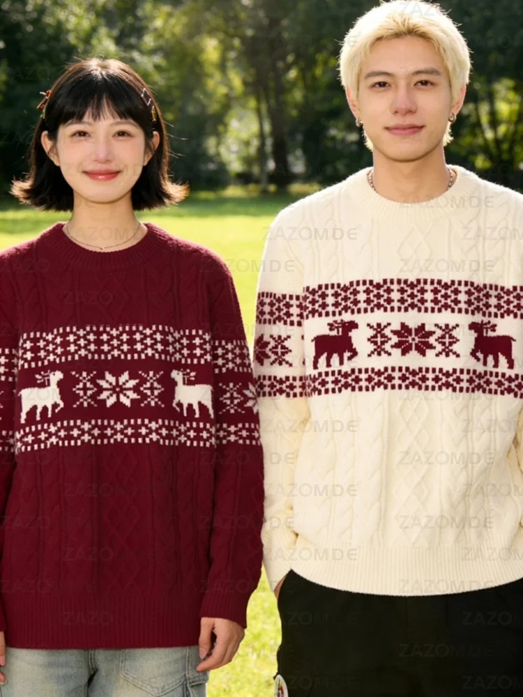 

ZAZOMDE Unisex Fair Isle Pattern Sweater Traditional Nordic Knit With Snowflake And Reindeer Motifs Pullover Christmas Holiday