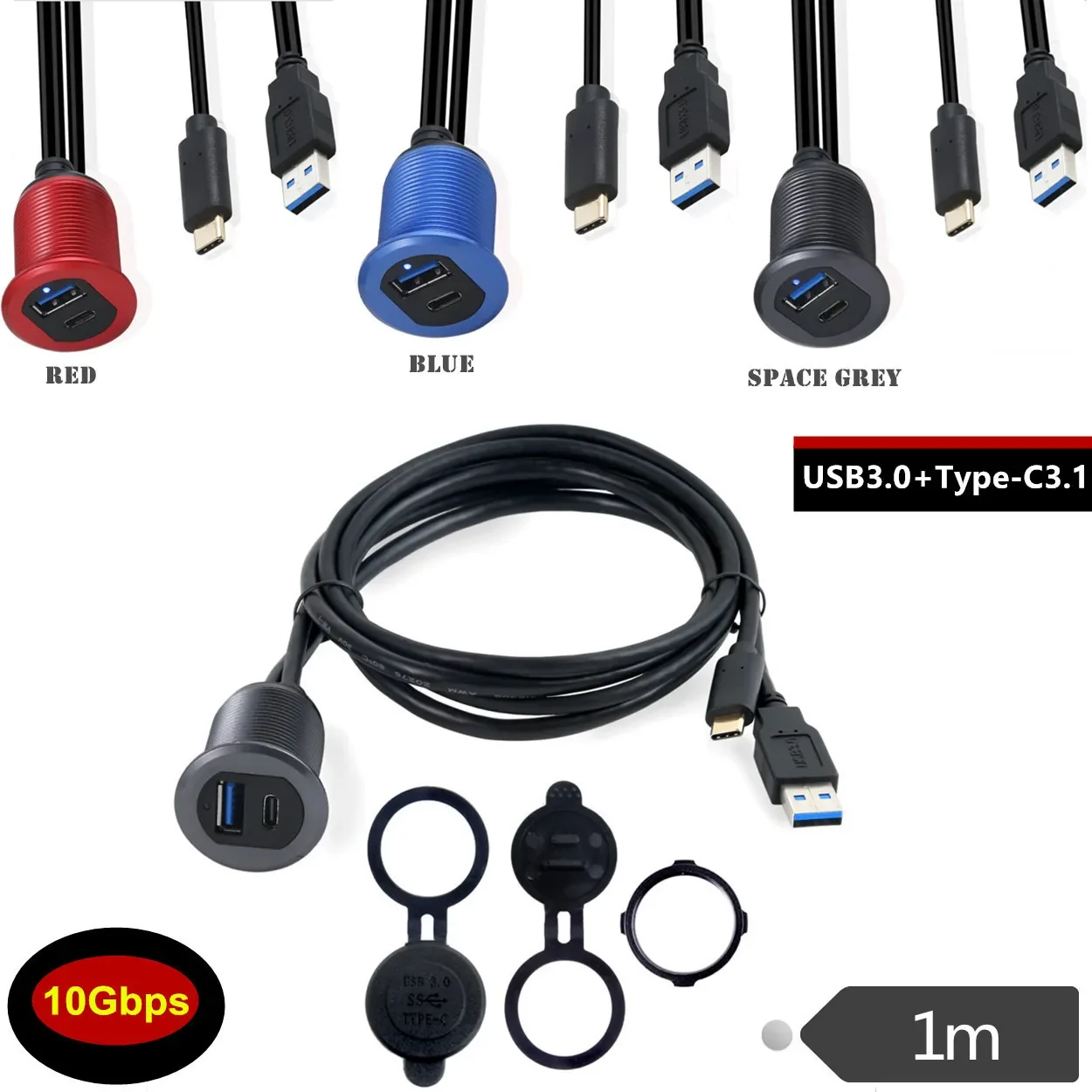 

Waterproof USB 3.1 adapter,USB Type-C &USB3.0 Extension cable Flush Mount Car boat Mount Extension for Dashboard Panel