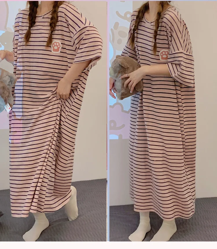 Summer Jacquard Cotton Women Long Nightgown Sleepwear Short Sleeve Nightdress Loose Cute Cartoon Nightwear Home Dressing Gown