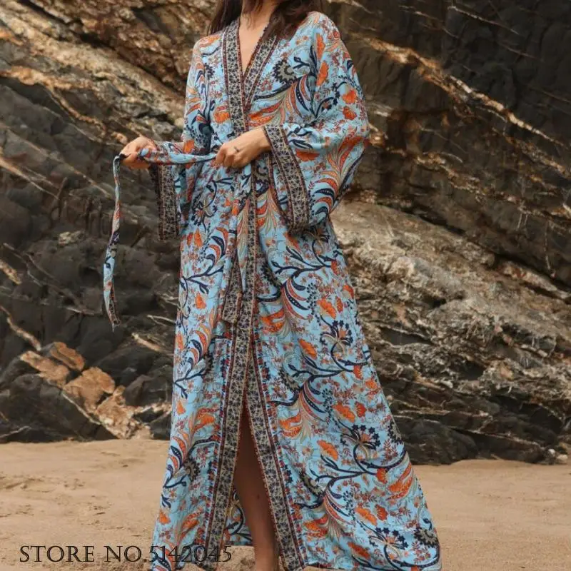 

Bohemian Style Print Floral Long Robe Elegant Kimono Bathrobe Cardigan Gown Sexy Bikini Cover Up Beach Dress Loose Homewear