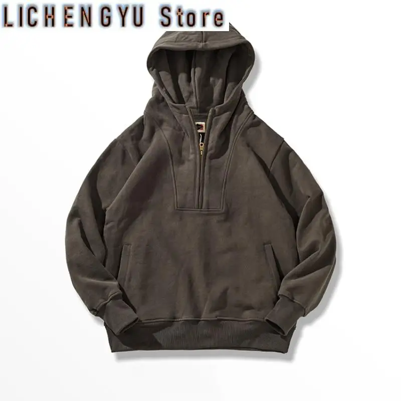 Autumn and Winter New American Retro 500G Thick Velvet Knitted Hooded Hoodies Men's 100% Cotton Washed Heavyweight Casual Jacket