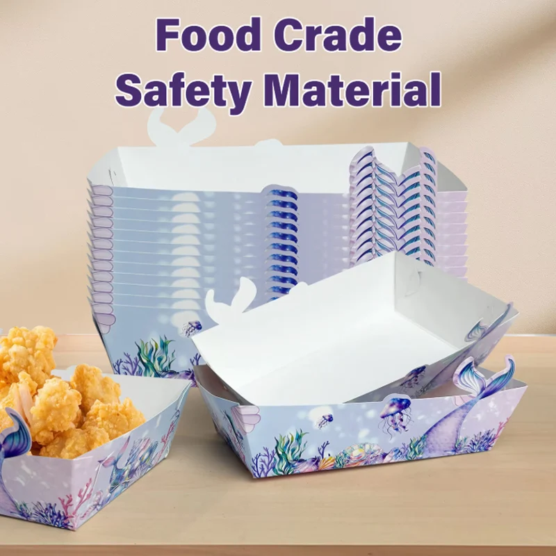 Mermaid Theme Disposable Paper Food Boxes Plates Under the Sea Ocean Party Tableware for Snacks Fries Desserts Party Decoration
