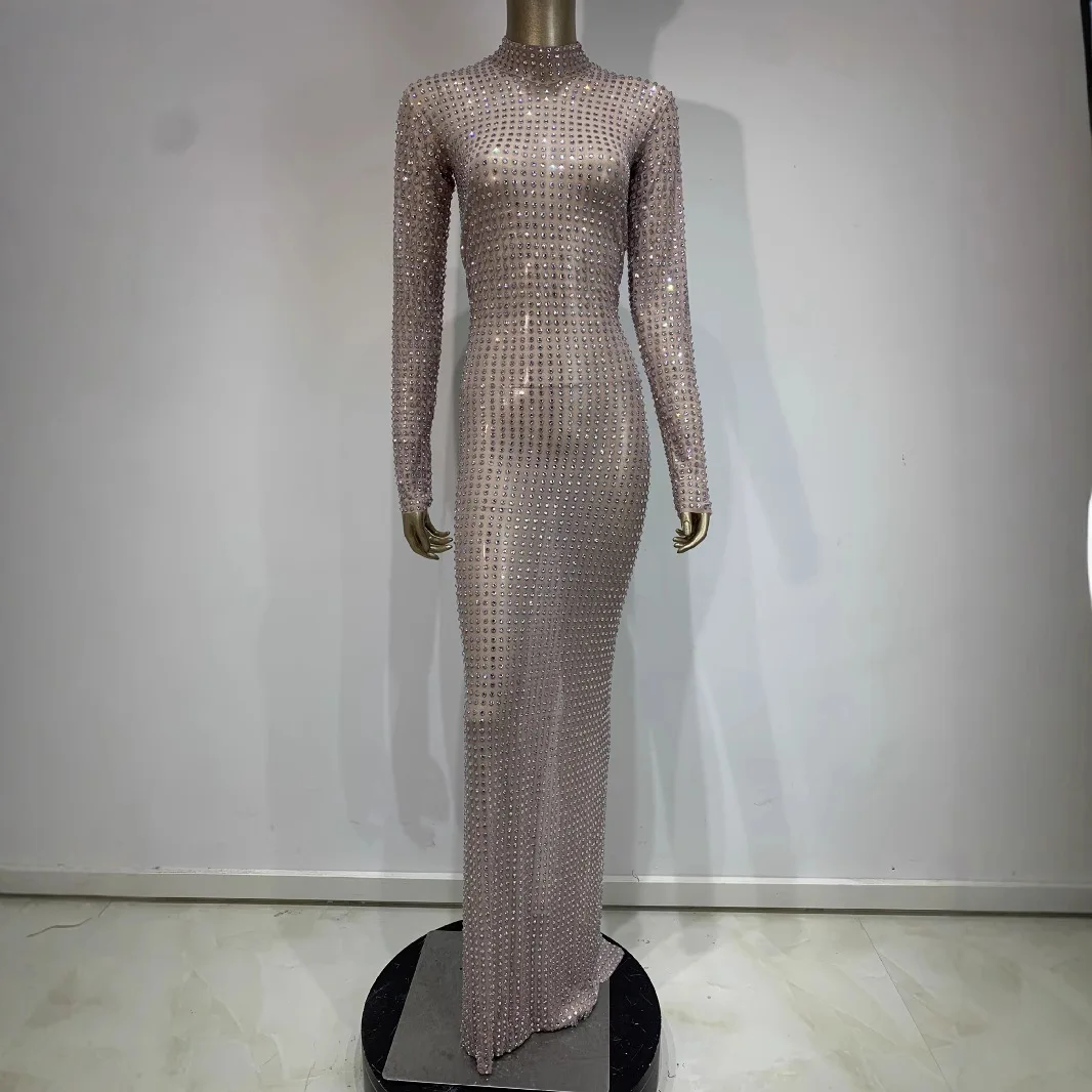 สต็อกตาข่ายเพชรแขนยาวชุดElegant Partyชุดราตรีชุดไนท์คลับเวทีสวมใส่Body Transparente Flecos