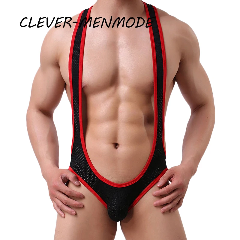 Sexy Men's Backless Lingerie Solid ColorUnderwear Wrestling Singlet Bodysuit Mesh Hole Breathable Jumpsuit Backless Set