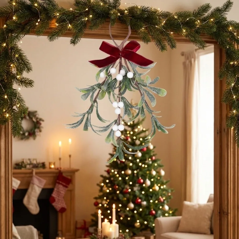 Lifelike Artificial Christmas Tree Wreath Red Berries With Bowknot Xmas Garland Decorative Artificial Pine Swag Winter