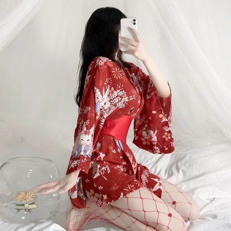 Kimono japonês Cosplay Uniforme feminino, roupa de lingerie sexy, arco de cetim, cinto com robe, trajes de tentação, pijama