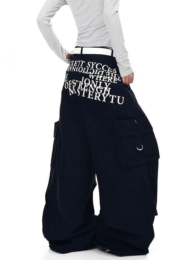 

HOUZHOU Vintage Cargo Pants Women Black Letter Print Baggy Harajuku Sweatpants Y2k Gothic Hip Hop Streetwear Oversize Joggers
