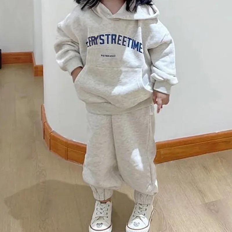 Korean  winter suit for boys and girls new set letters hooded fleece sweater casual two-piece pants  baby girl clothes