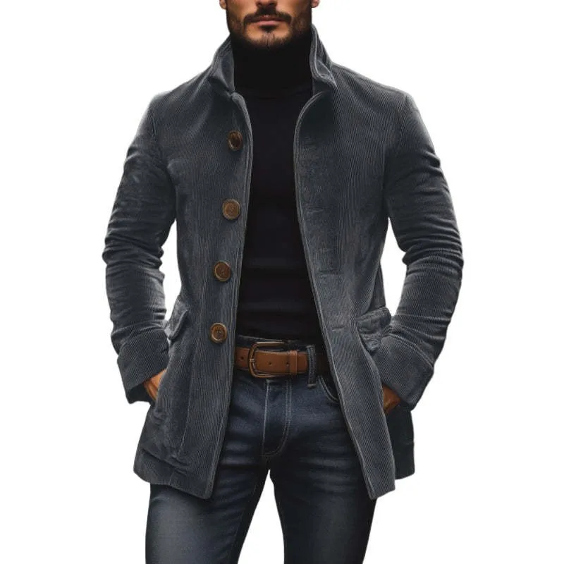 Button Front Stand Collar Coat Slim Fit Outdoor Style with Single Breasted Button Decoration Not Hooded Long Sleeve for Men