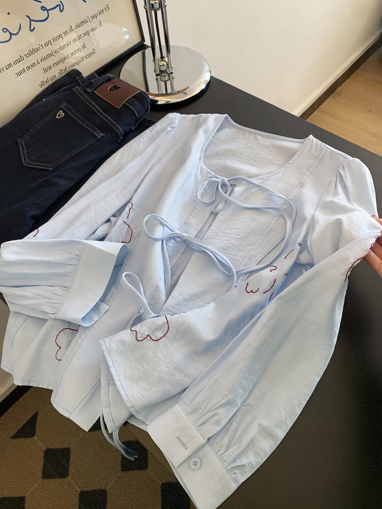 

Chic Casual Laceup Ladies' Shirt Autumn Simple Round Neck Loose Long Sleeved Daily Commuting Embroidered Pattern Top